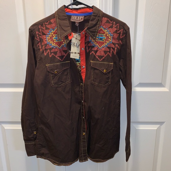 cowgirl up Tops - COWGIRL UP AZTEC EMBROIDERED SHIRT NWT (L)